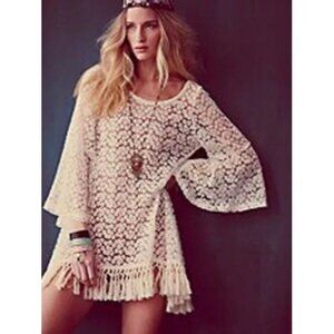 Gypsy Junkies X Free People Cream Lace Crochet Boho Fringe Tunic Mini Dress M/L
